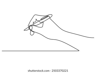 Continuous line illustration of a hand drawing with a pen. Minimalist single line hand writing art with pen.