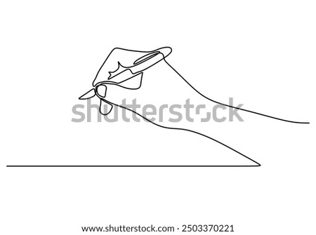 Continuous line illustration of a hand drawing with a pen. Minimalist single line hand writing art with pen.