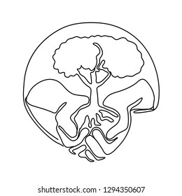 Continuous line illustration of a hand holding a tree on palm of hand set inside oval shape done in monoline style black and white.