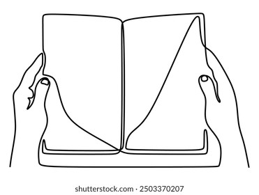 Continuous line illustration of a hand holding a book. Single line art of a book isolated on white.