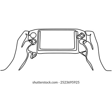 Continuous line illustration of a hand holding a gaming console controller. Represents interactive entertainment and engagement in a clean format.