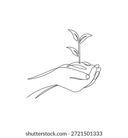 Kontinuierliche Liniendarstellung der Handaufzuchtanlage. Minimalistisches Line Art Konzept von Nachhaltigkeit, Naturpflege, Wachstum und Umweltschutz