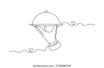 Continuous Line Illustration of Hand Serving Food Cloche with Heart. Minimalist One Line Art Concept of Hospitality, Love, and Restaurant Service