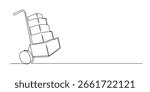 Continuous line illustration of a hand trolley loaded with stacked boxes. Minimalist and clean design, perfect for themes of logistics, delivery, shipping, or courier services. Simple one-line vector 