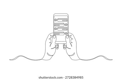 Ilustração de linha contínua de mãos segurando Smartphone com mensagens de bate-papo. Uma arte minimalista de comunicação digital e mensagens on-line