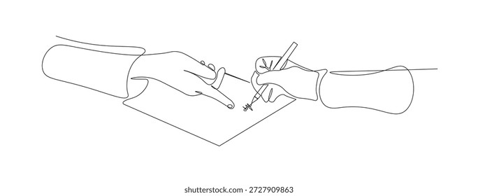Continuous Line Illustration of Hands Signing Contract Document with Pen. Minimalist Line Art Concept of Agreement, Contract, Approval, and Legal Process