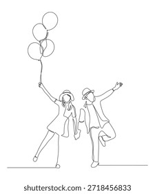 Ilustración de línea continua de una pareja feliz sosteniendo globos. Concepto minimalista del arte de la línea de la alegría, los Días festivos, la libertad, la celebración y el amor