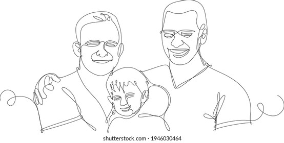 Continuous line illustration of happy gay family holding a small child in their arms and expressing love and care. Concept of parenting in the homosexual family, adoption. Black line on white backgrou