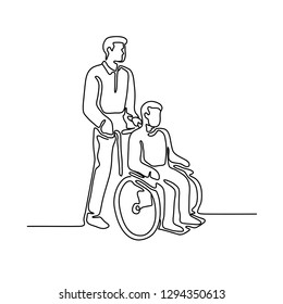 Continuous line illustration of a hospital patient or disable person with handicap sitting or being push on wheelcahir by a male nurse done in monoline style.