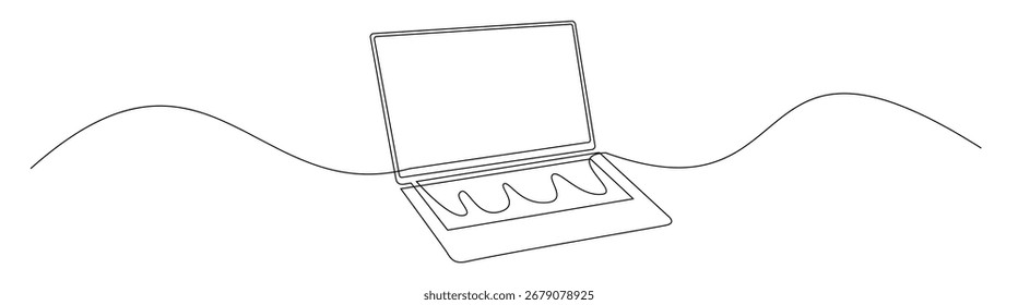 Kontinuierliche Liniendarstellung eines Laptops und wellenförmige Linie. Perfekt für Technik, modernes Design und minimalistische Kunstkonzepte.