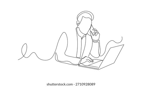 Ilustração de Linha Contínua de Homem Trabalhando com Laptop Enquanto Faz Telefonema. Estilo Minimalista Moderno