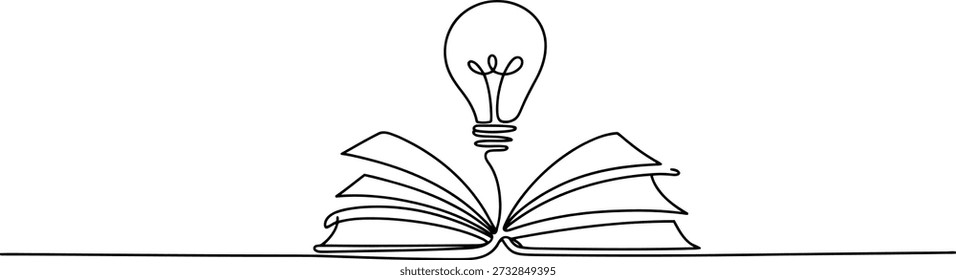 Continuous line illustration of an open book with a bright lightbulb, symbolizing learning, new ideas, knowledge, and education.