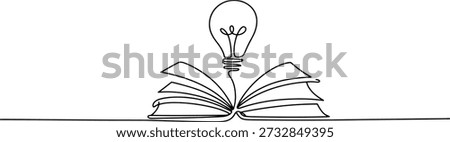Continuous line illustration of an open book with a bright lightbulb, symbolizing learning, new ideas, knowledge, and education.