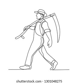 Continuous Line Illustration Of An Organic Farmer Walking Carrying A Scythe Viewed From Side Done In Black And White Monoline Style.