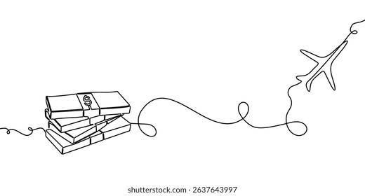 continuous line illustration plane travel doodle art icon outline one vector. trip line plane flight sketch air airplane fly world background airport path single aircraft drawn business road linear