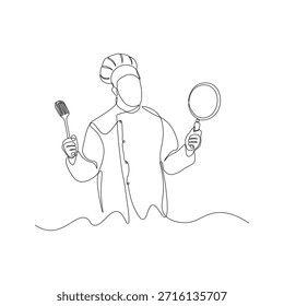 Ilustración de línea continua de un chef de Profesional sosteniendo una espátula y una sartén. Arte de línea minimalista de cocina, utensilios de cocina y conceptos de habilidades culinarias