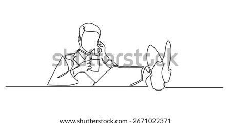 Continuous line illustration of relaxed man sitting with feet on desk, holding cup and thinking, minimalist one line drawing perfect for lifestyle, business concept,and work balance