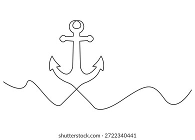 Kontinuierliche Liniendarstellung eines Schiffsanlegers auf Meereswellen, ideal für minimalistische maritime Poster, Küsten-Lifestyle-Branding, Segelbekleidungsgrafiken, Meeresdekor und nautische Motiv-Printdesigns