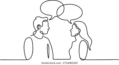 La ilustración de línea continua muestra dos personas enfrentadas con burbujas de discurso superpuestas sobre las cabezas. El dibujo minimalista representa la conversación, la comunicación y el diálogo.