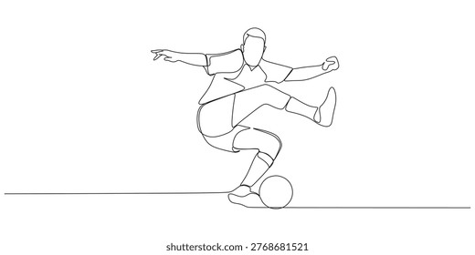 A continuous line illustration of a soccer player outwitting his opponent