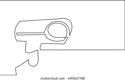 A continuous line illustration of a surveillance camera. The concept of control, protection, installation of a tracking system