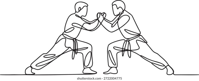 Ilustración de línea continua de dos figuras con uniformes que participan en el combate cuerpo a cuerpo de postura defensiva que simboliza el sketch de asociación de disciplina de entrenamiento deportivo