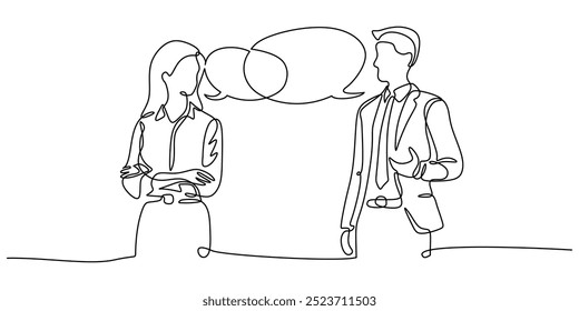 Continuous line illustration of two individuals engaged in conversation or an interview, showcasing the importance of dialogue in a minimalist style.