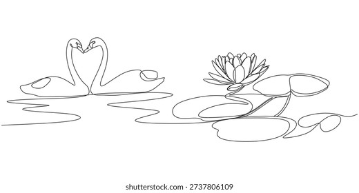 Continuous line illustration of a vector design of a lotus flower and two swans for Vesak Day