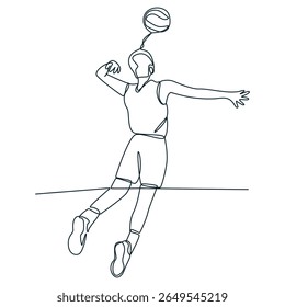 Continuous line illustration of a volleyball player mid-serve, highlighting agility, power, and motion