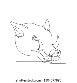 Continuous line illustration of a wild pig, hog, boar or razorback head viewed from side done in black and white monoline style.