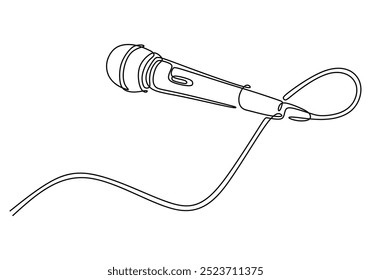 Ilustração de linha contínua de um microfone com fio. Destaca a importância do som em performances e gravações em uma abordagem minimalista.