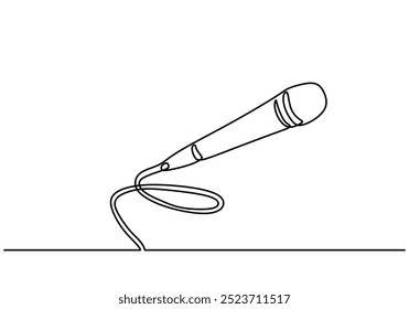 Continuous line illustration of a wired microphone, emphasizing its role in performances and recordings. Represents sound and music in a minimalist style.