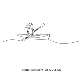 Una ilustración de línea continua de una mujer en kayak, capturando la esencia de la aventura al aire libre y los deportes acuáticos. Ideal para temas relacionados con el diseño minimalista, el Ocio y el fitness