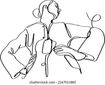 Continuous line illustration of woman with white coat, hands on hips, job badge, three quarter figure bottom view.