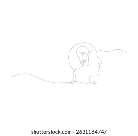 imagem em linha contínua de Head com lâmpadas contínuas. Processo de ideia criativa e conceito de realização de metas. Ilustração vetorial isolada no fundo branco.branco