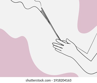 Línea continua, Incense se mantiene en la mano. Dibujo del budismo conjunto. (Dibujo de la ilustración del vector con un plano de línea)