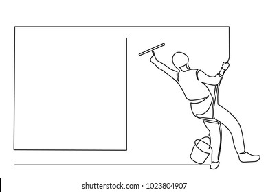 continuous line industrial climber hangs on the facade of the building with the aim of washing the window. Drawing black thin line on white background