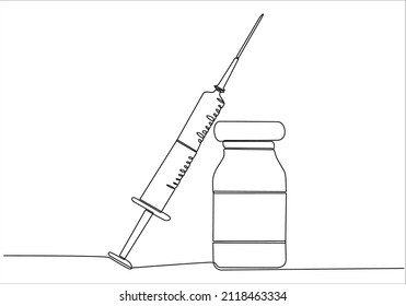 
continuous line injection and vaccine bottle with covid 19 vaccine vector illustration concept