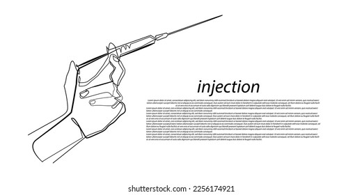 continuous line of injections. injection line art. one line drawing of injection, anesthetic, health, medical