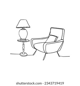 Interior de línea continua con sillón, lámpara de pie. Dibujo de una línea de salón con mobiliario moderno. Ilustración del vector