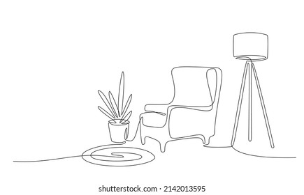 Continuous line interior and armchair  plant  floor lamp   carpet  One line drawing Living room and modern furniture editable stroke  Single line  Handdraw contour  Flower in pot  Doodle vector