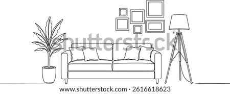 Continuous line interior with sofa, plan and floor lamp. One line drawing of Living room with modern furniture editable stroke. 