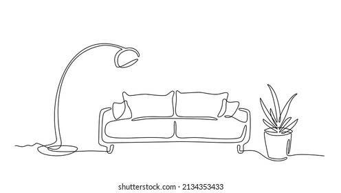 Continuous line interior with sofa, plant and lamp. One line drawing of Living room with modern furniture. Single line furniture. Hand draw contour. Bulb, flower in pot. Editable stroke. Doodle vector