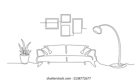Continuous line interior with sofa, plant, lamp and frames for photo. One line drawing of Living room with modern furniture editable stroke. Single line. Handdraw contour. Flower in pot. Doodle vector