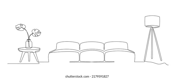 Continuous line interior with sofa, plant and lamp. One line drawing of Living room with modern furniture. Single line furniture. Hand draw contour. Bulb, flower in pot. Editable stroke. Doodle vector