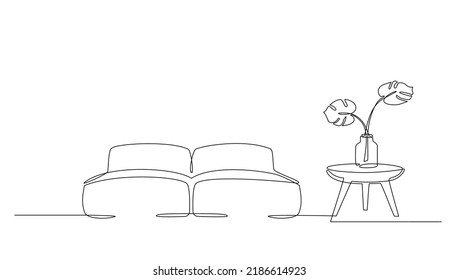 Continuous line interior with sofa and plant on table. One line drawing of Living room with modern furniture. Single line furniture and Flower in pot. Hand draw vector contour. Editable stroke