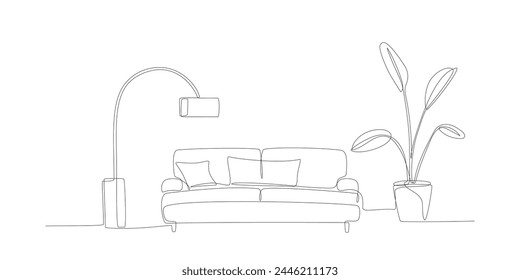 Durchgehender Linieninnenraum mit Sofa, Pflanze und Lampe. Eine Linie Zeichnung des Wohnzimmers mit modernen Möbeln editierbarer Strich. Eine Zeile. Handzeichnungskontur. Blume im Topf. Doodle Vektorgrafik