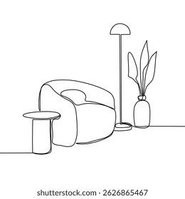Continuous line interior with sofa, plant and lamp. One line drawing of Living room with single sofa modern furniture. Single line drawing of single sofa furniture.