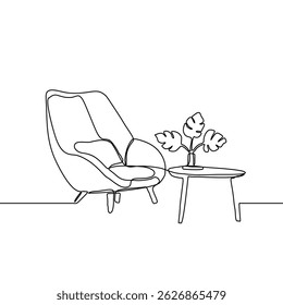 Continuous line interior with sofa, plant and lamp. One line drawing of Living room with single sofa modern furniture. Single line drawing of single sofa furniture.