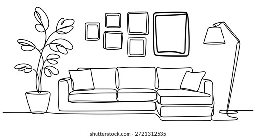 Interior de línea continua con sofá, planta, lámpara y marcos para foto. Dibujo de una línea de sala de estar con muebles modernos de estilo editable. Una sola línea. Contorno de dibujo a mano. Flor en maceta. Vector Doodle